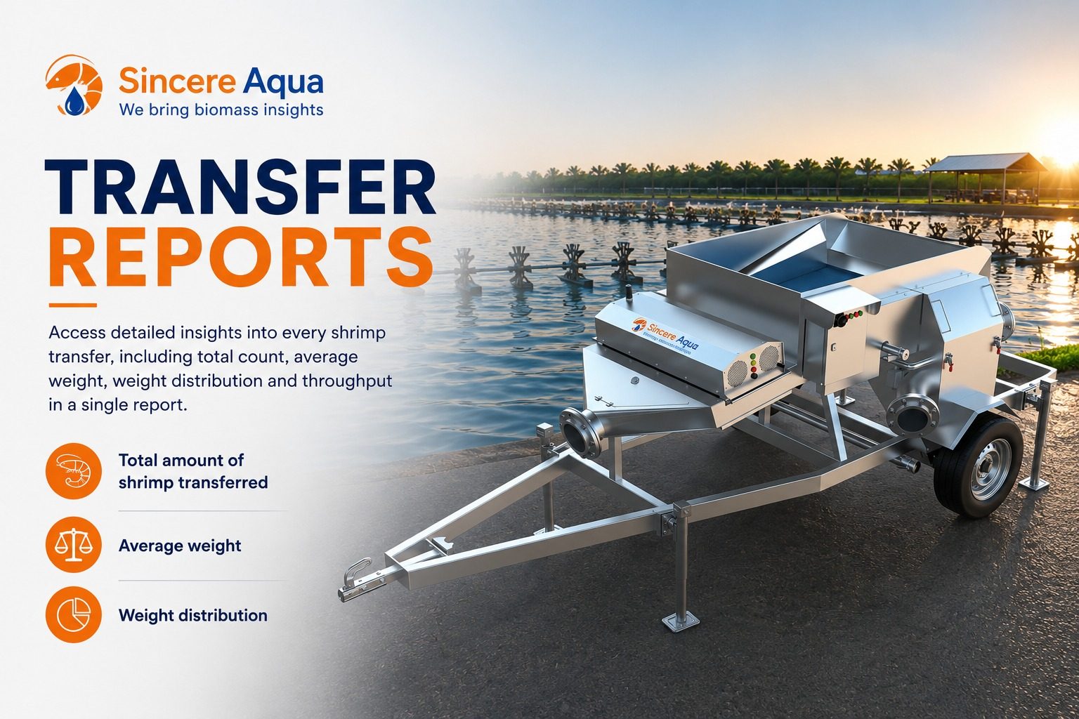Reportes de transferencia de Sincere Aqua — conteo total, peso promedio y distribución de pesos